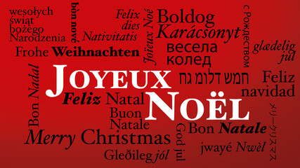 carte ou bandeau sur Joyeux Noël en blanc et en d'autres langues tel que l'anglais, l'espagnol, l'allemand, l'italien en noir sur un fond rouge