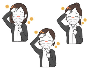 花粉症で激しい頭痛　OL　上半身　マスク