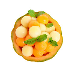 Different melon balls with mint on white background, top view