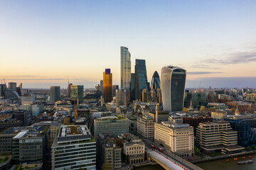 Fototapeta na wymiar London Square mile drone view at sunrise 