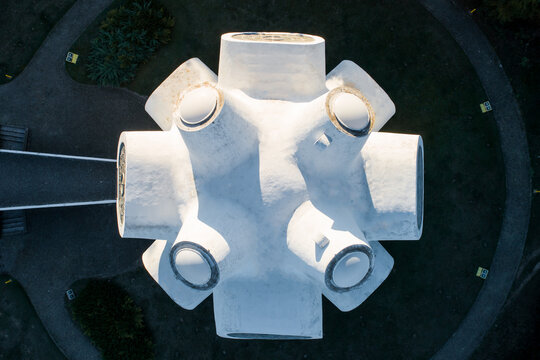 Aerial top down view of a virus sculpture, Drone shot of the Makedonium 