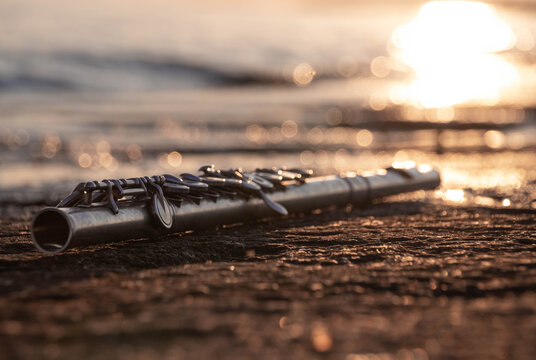 relaxation with an old silver flute on the seaside