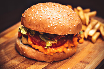 hamburger on wooden table