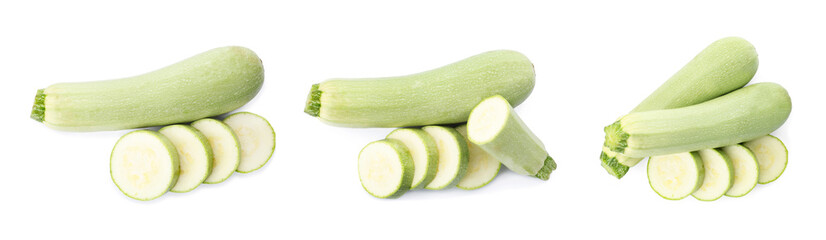 Set of cut and whole squashes on white background. Banner design