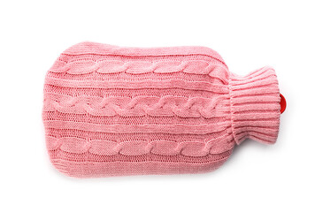 Hot water bottle with knitted cover isolated on white, top view