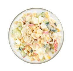 Delicious salad with fresh crab sticks in glass bowl on white background, top view