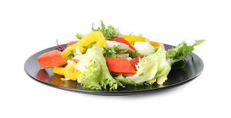 Salad with fresh crab sticks and lettuce on white background