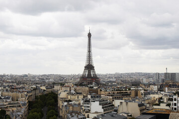 Fototapeta premium Vista de la ciudad de Paris desde lo alto desde donde se aprecia la torre Eiffel en el centro en un día gris con muchas nubes