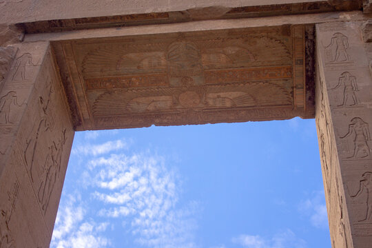 Entrance of the temple in Egypt on its immense walls and ceilings