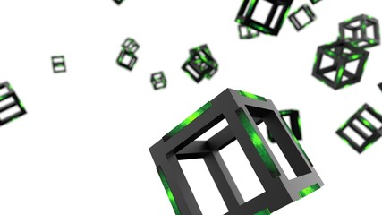 Green illuminated Hot Iron Cube under white background. Blockchain network technology concept illustration. 3D illustration. 3D high quality rendering. 3D CG.
