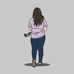 A girl walk alone with red rose in hands, cartoon style illustration. Use this for print on any media, for sticker, poster or home decorations.