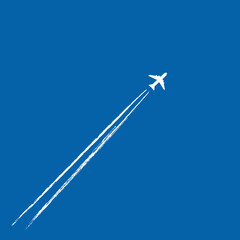Jet plane flying in the blue sky, leaving vapor trails behind in flight. Vector illustration