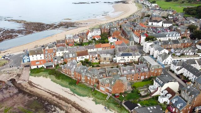 Aerial view of the city North Berwick, Scotland.  A city situated on the south shore of the Firth of Forth,  approximately 20 miles (32 km) east-northeast of Edinburgh. 