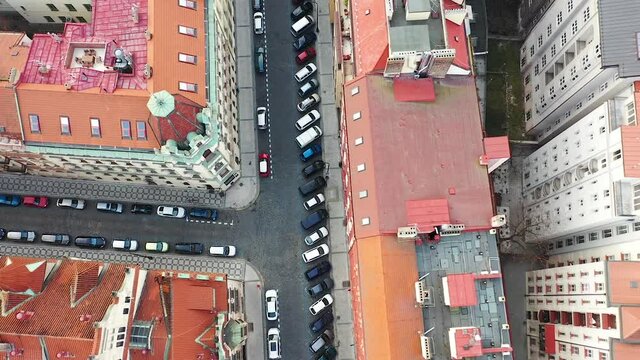 Deserted Downtown Streets in Prague Czech Republic. Birdseye Aerial View of Cars and Buildings Without People During Covid-19 Virus Pandemic Outbreak and Lockdown