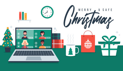 Christmas online greeting. people meeting online together with family or friends video calling on laptop virtual discussion. Merry and Safe Christmas office desk workplace, flat vector illustration