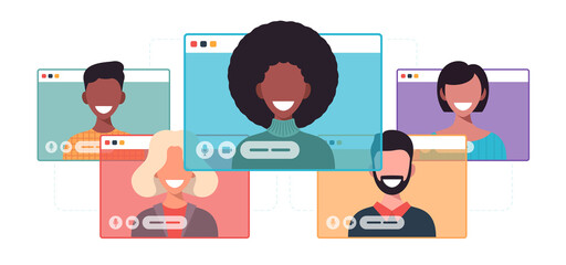 African businesswoman chatting during video call business woman with chat bubble speech in computer window communication online conference concept portrait horizontal cartoon flat vector illustration