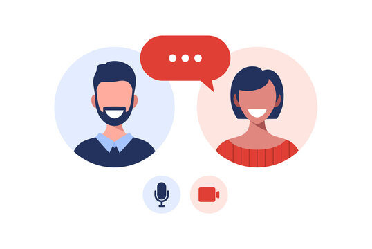 Illustration of two happy people talking via video call. Smiling men and women work and communicate remotely. Team meeting Vector illustration in flat design