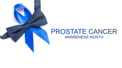 Blue ribbon cancer. Awareness prostate cancer of men health in November. Blue ribbon, fashion bowtie isolated on white background. Symbol of oncology affected man. Copy space.