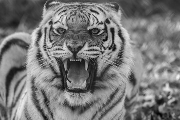 Tiger (Panthera tigris) black and white closeup roaring with mouth open teeth showing in fall Autumn leaves in background