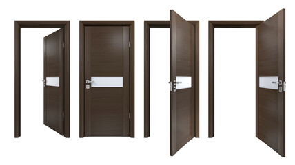 Modern set of dark brown wooden doors with matt glass stripe, isolated on white. Simple modern style of indoor entrance for minimalistic style interior design