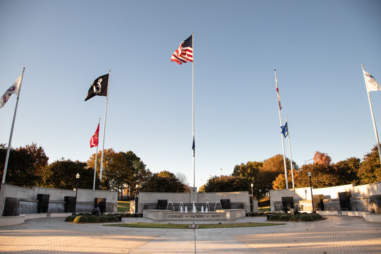 General view of Prisoners of War flag and the Veterans memorial Park on November 13, 2020 in Huntsville, Alabama