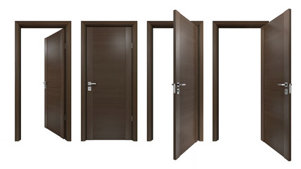 Set of classic style solid wood doors closed and open outside, inside of house room. Simple modern brown wooden doorways for home interior design