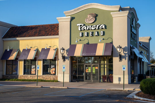 General view of the Panera Bread sign under blue skies on November 15, 2020 in Huntsville, Alabama