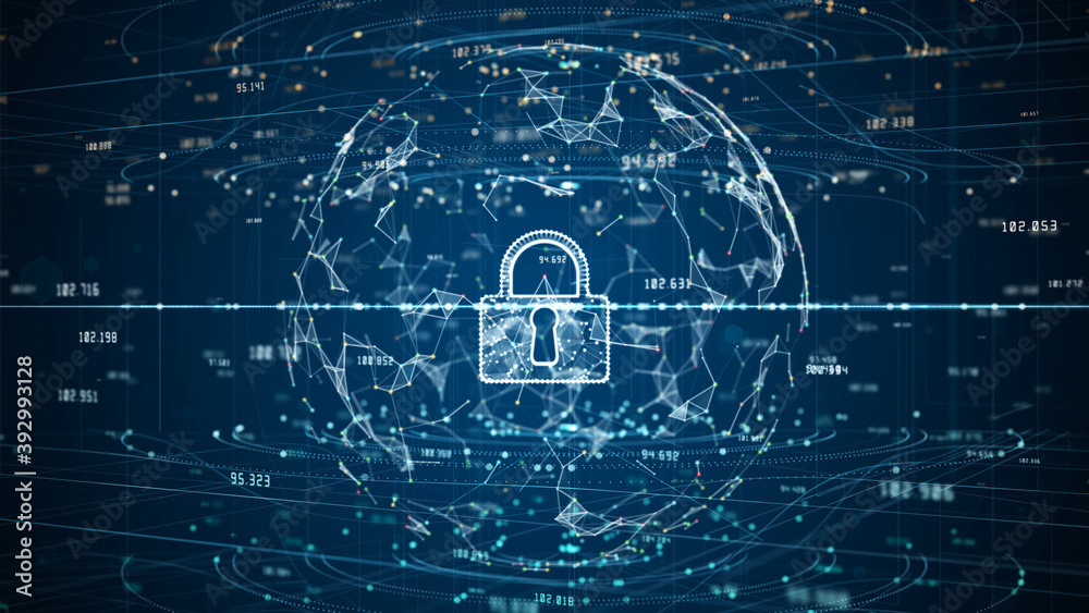 Poster lock icon of cyber security digital data, digital data network protection, global network 5g high-sp