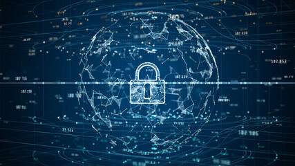 Lock Icon of Cyber Security Digital Data, Digital Data Network Protection, Global Network 5g High-Speed Internet Connection and Big Data Analysis Background.