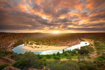 Beautiful Sunrise, sky, clouds and gorge in Kalbarri, Western Australia