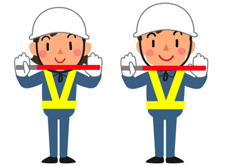 誘導棒で止まるように合図する交通誘導員の女性と男性