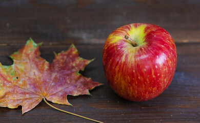 Red apple and red maple leaf lie on a dark wooden background. Autumn harvest concept