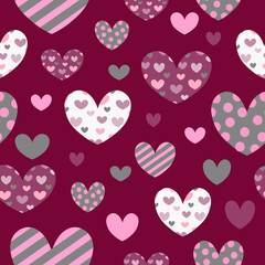 Pattern with hearts. Small and large drawings of hearts. Vector illustration on a burgundy background. For scrapbooking, packaging, fabric and decoration. Valentines Day.