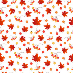 Autumn pattern. Leaves, branches, berries and acorns. Vector illustration on a white background. For packaging, fabrics and decor.