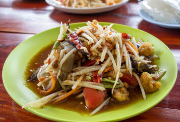 Thai food, green papaya salad with raw shrimps and fermented fish sauce, Som Tam