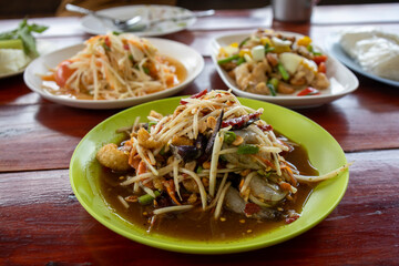 Thai food, green papaya salad with raw shrimps and fermented fish sauce, Som Tam