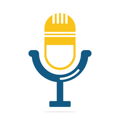 Podcast logo design. Studio table microphone with broadcast icon design.