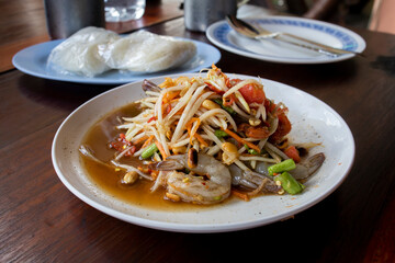Thai food, green papaya salad with raw shrimps and fermented fish sauce, Som Tam