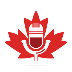 Podcast and Maple leaf logo design. Studio table microphone with broadcast icon design.