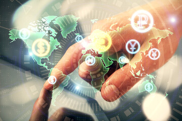 Multi exposure of man's hands holding and using a phone and financial chart drawing. Market analysis concept.