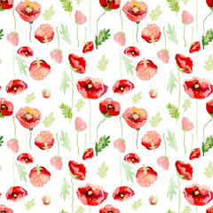 Elegant seamless pattern with watercolor painted decorative red poppy flowers, design elements. Floral pattern for wedding invitations, greeting cards, scrapbooking, print, gift wrap, manufacturing.