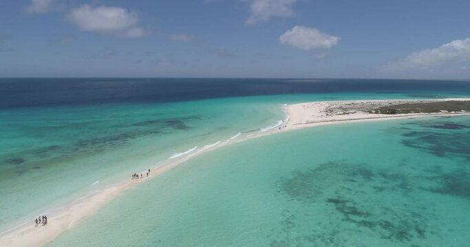 Los Roques venezuela, Cayo de agua  Aerial  Birds Eye View titling downwards while tracking backwards. of  Fantastic, landscape in paradise island Great caribbean beach scene.