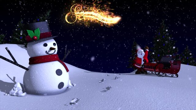 A charming and beautifully rendered 3D winter scene with snowman, christmas trees and Santa and his sleigh, with the message 'Seasons Greetings'