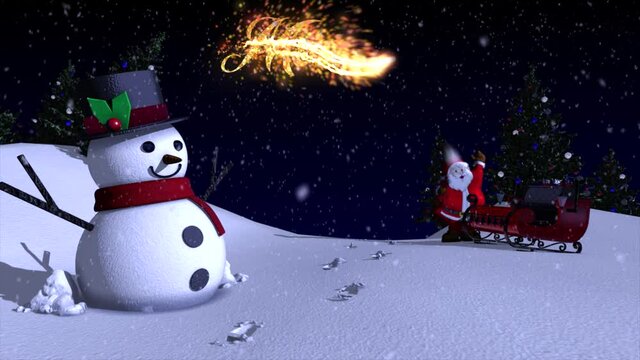 A charming and beautifully rendered 3D winter scene with snowman, christmas trees and Santa and his sleigh, with the message 'Merry Christmas'