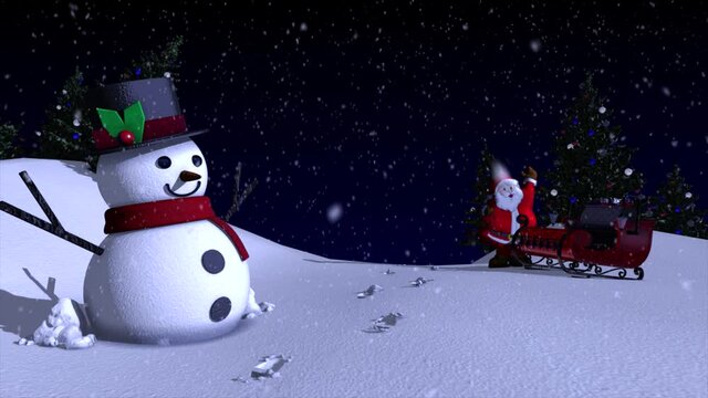 A charming and beautifully rendered 3D winter scene with snowman, christmas trees and Santa and his sleigh, with a space to add your own message