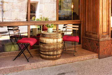 A small sitting area in the city of Hallstatt on Lake Hallstatt in Austria