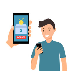 Young man donate money via smartphone in flat design. Time for charity. Online donation concept vector illustration on white background. Kindness to poverty.
