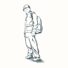 Hand drawn schoolboy with backpack. Sketch by pencil. Back to school theme concept