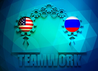 Politic and economic relationships between USA and Russia. National flags in gears head of the businessman. Teamwork concept. 3D rendering