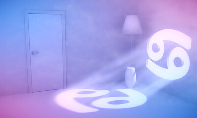 Empty room with sunlight shining through astrology sign shaped window. Zodiac symbol of the Crab. 3D rendering